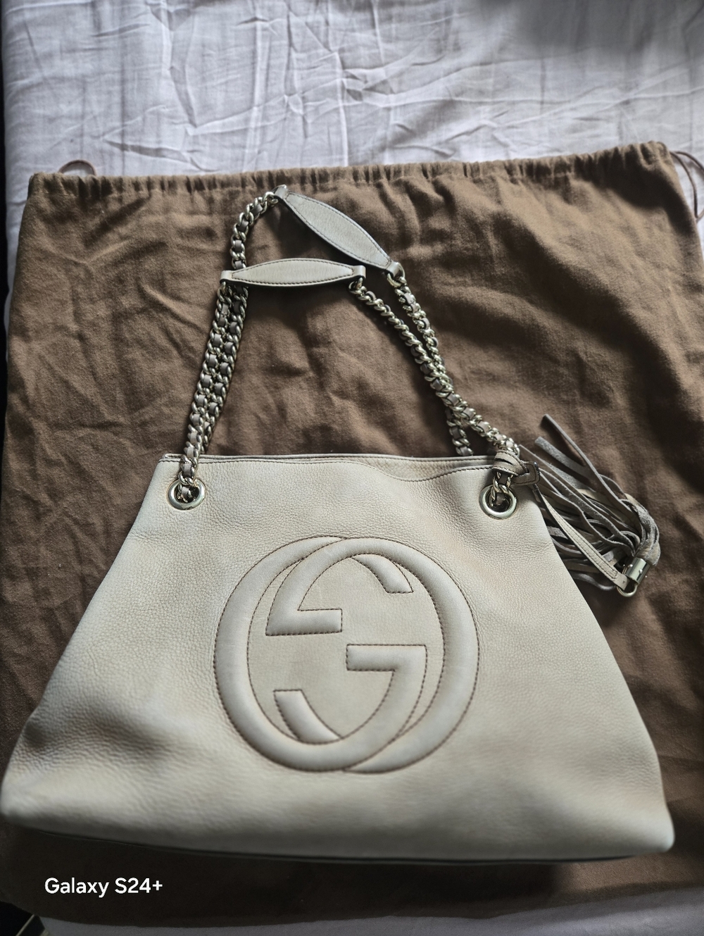 Gucci Soho Chain Tote Beige Leather GG Logo Shoulder Bag AUTHENTIC COA - Picture 3 of 8
